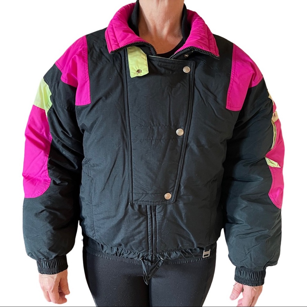 Vintage Ski Coat, Puffer coat, Hot Pink, Black, and fluorescent yellow green
